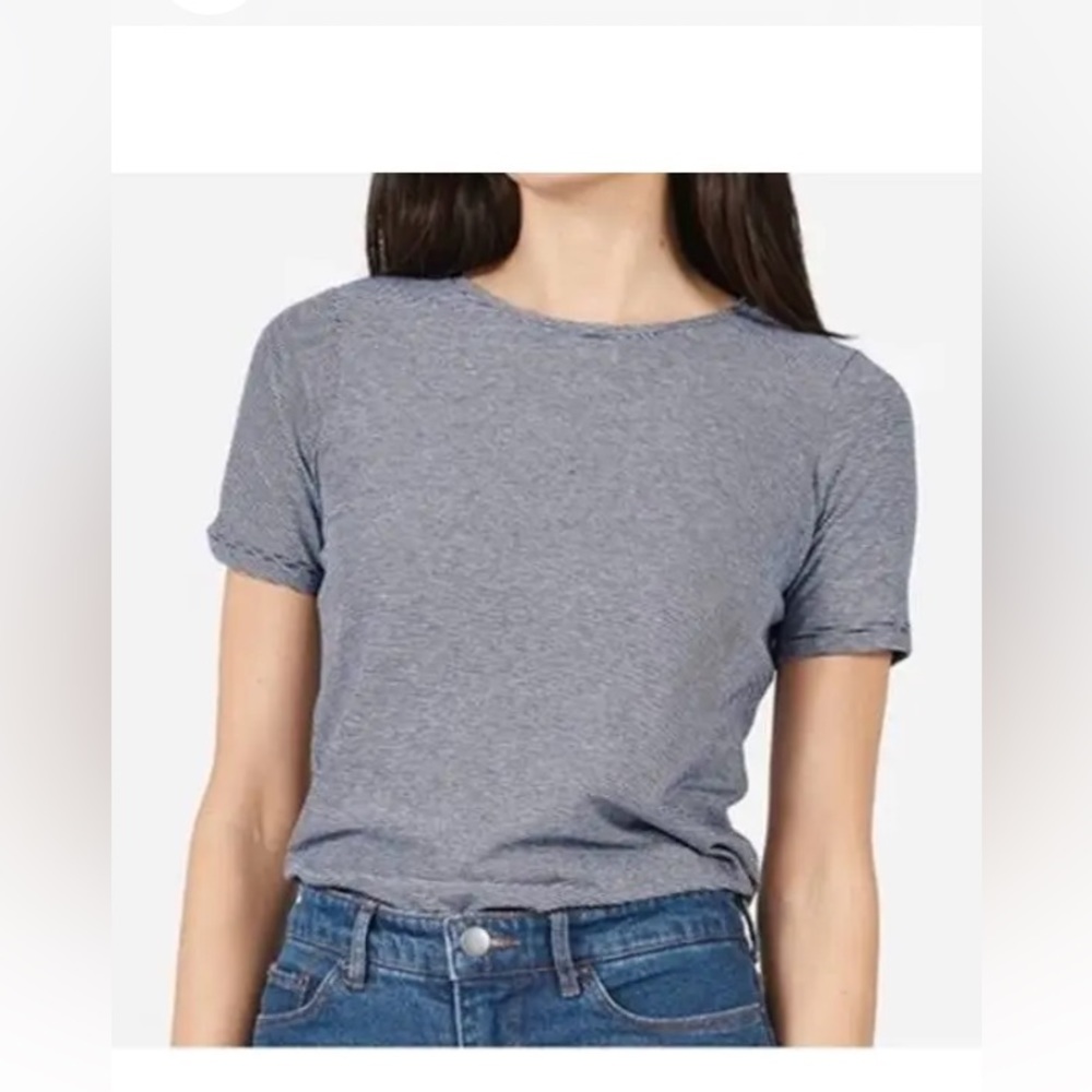 Everlane Micro Stripe Wide Neck Baby Tee Crop T-Shirt Cap Sleeve, Blue/Grey XXS